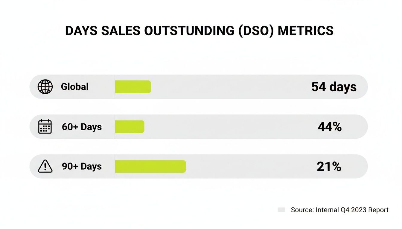 DSO metrics showing global outstanding days, and percentages for 60+ and 90+ days overdue accounts.