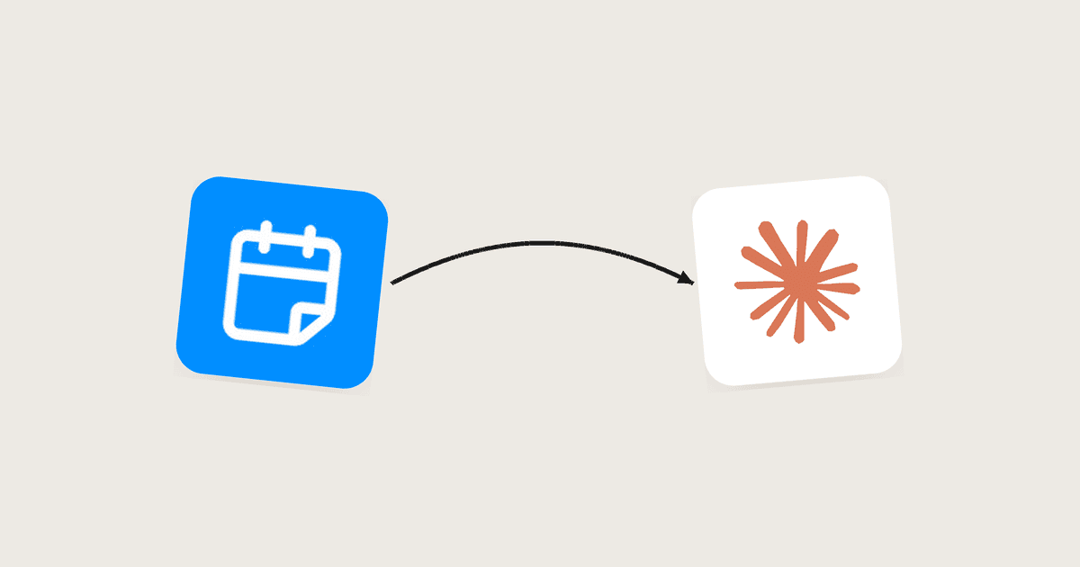 A calendar app icon connected by an arrow to the Claude AI logo, illustrating how meeting notes flow into Claude via MCP.