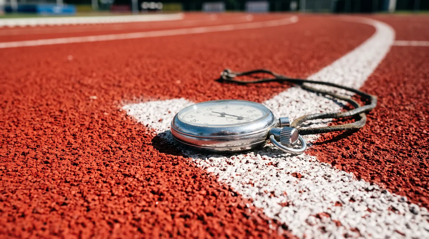A stopwatch lying on the lane line of a red running track