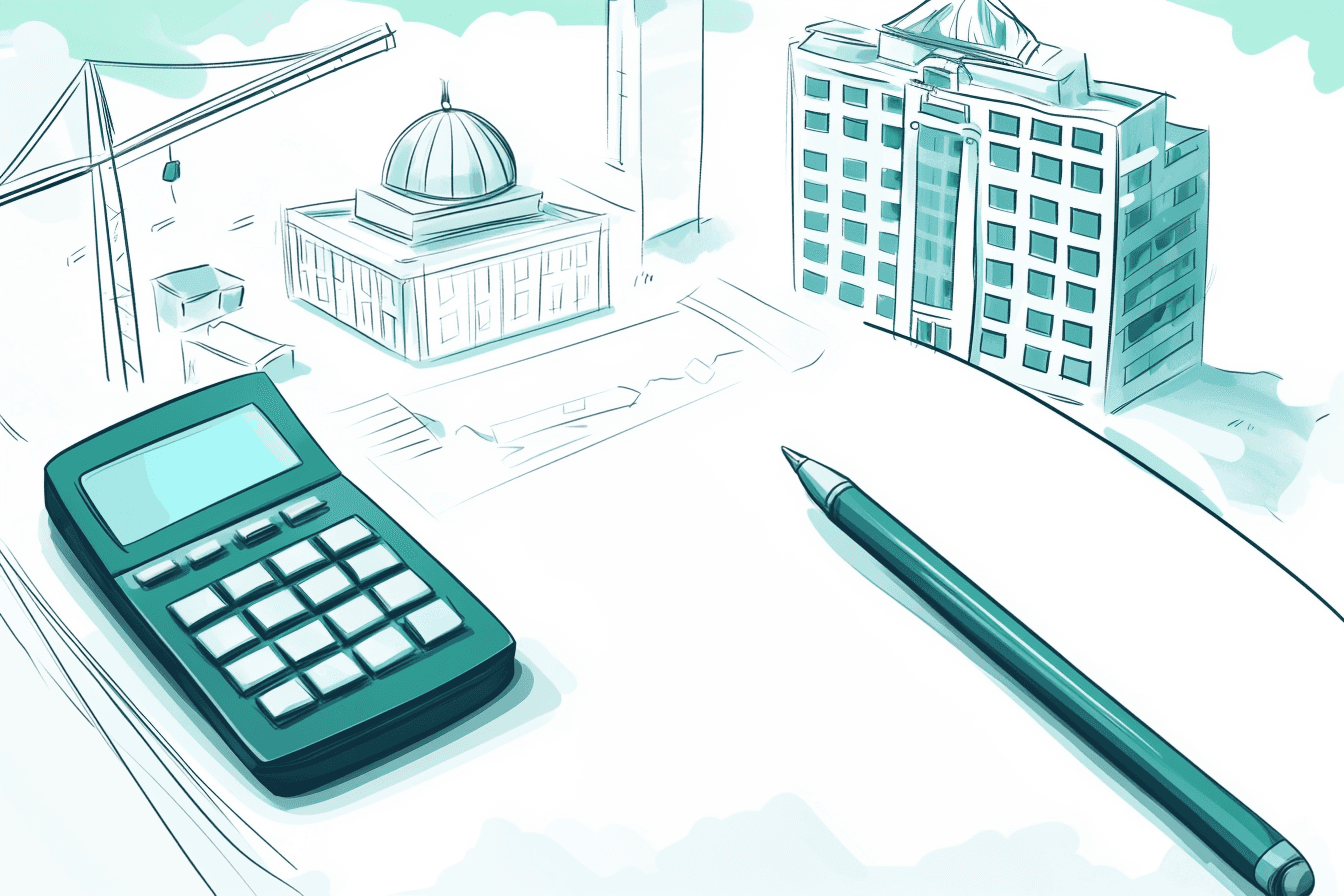 Midjorney prompt: detailed minimalistc drawing aquarela calculator contracts finance bills lawcourt and buildings construction worksite background