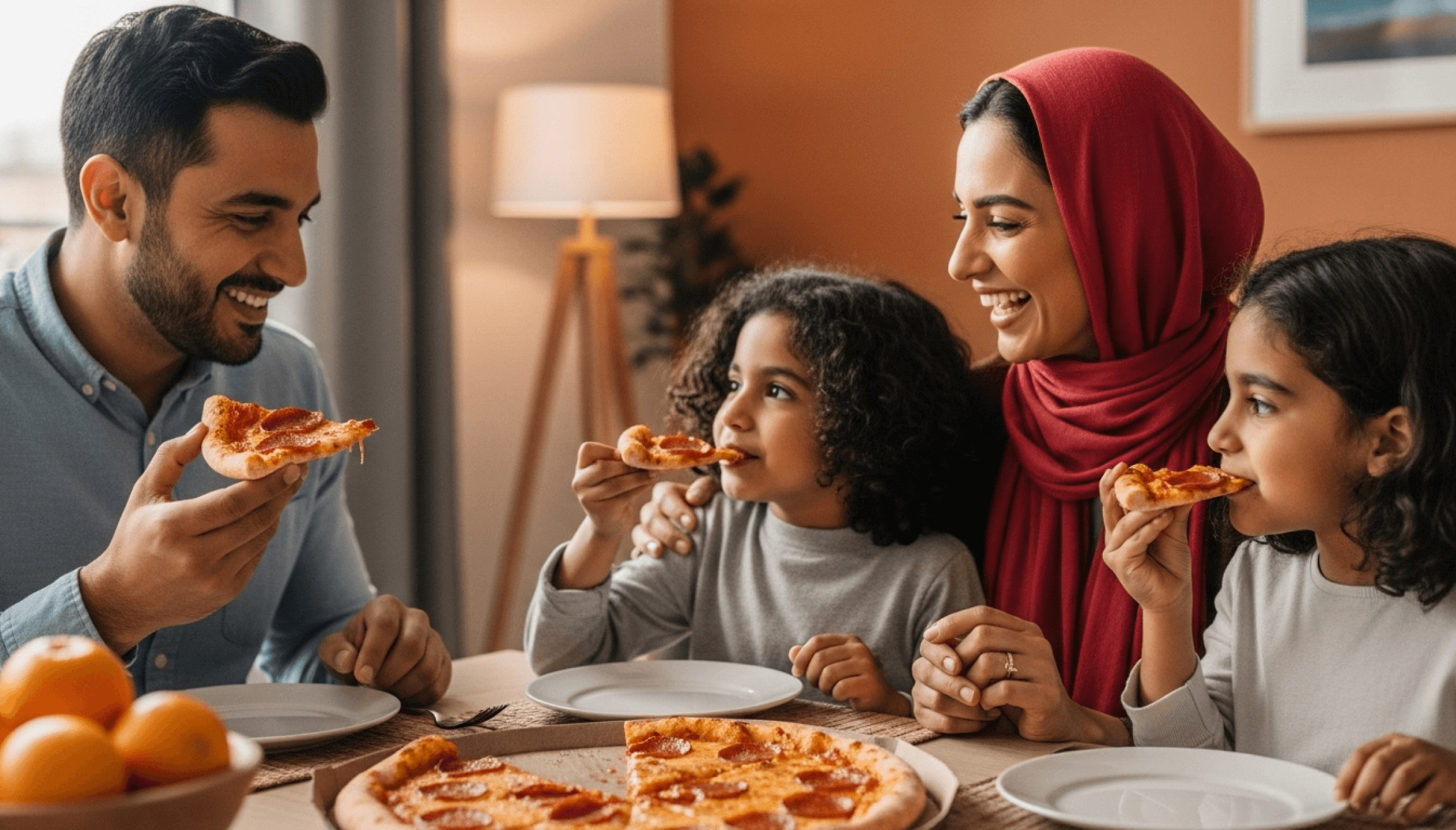 A smiling family enjoys pizza together at a dining table, with warm colors and cozy decor in the background.