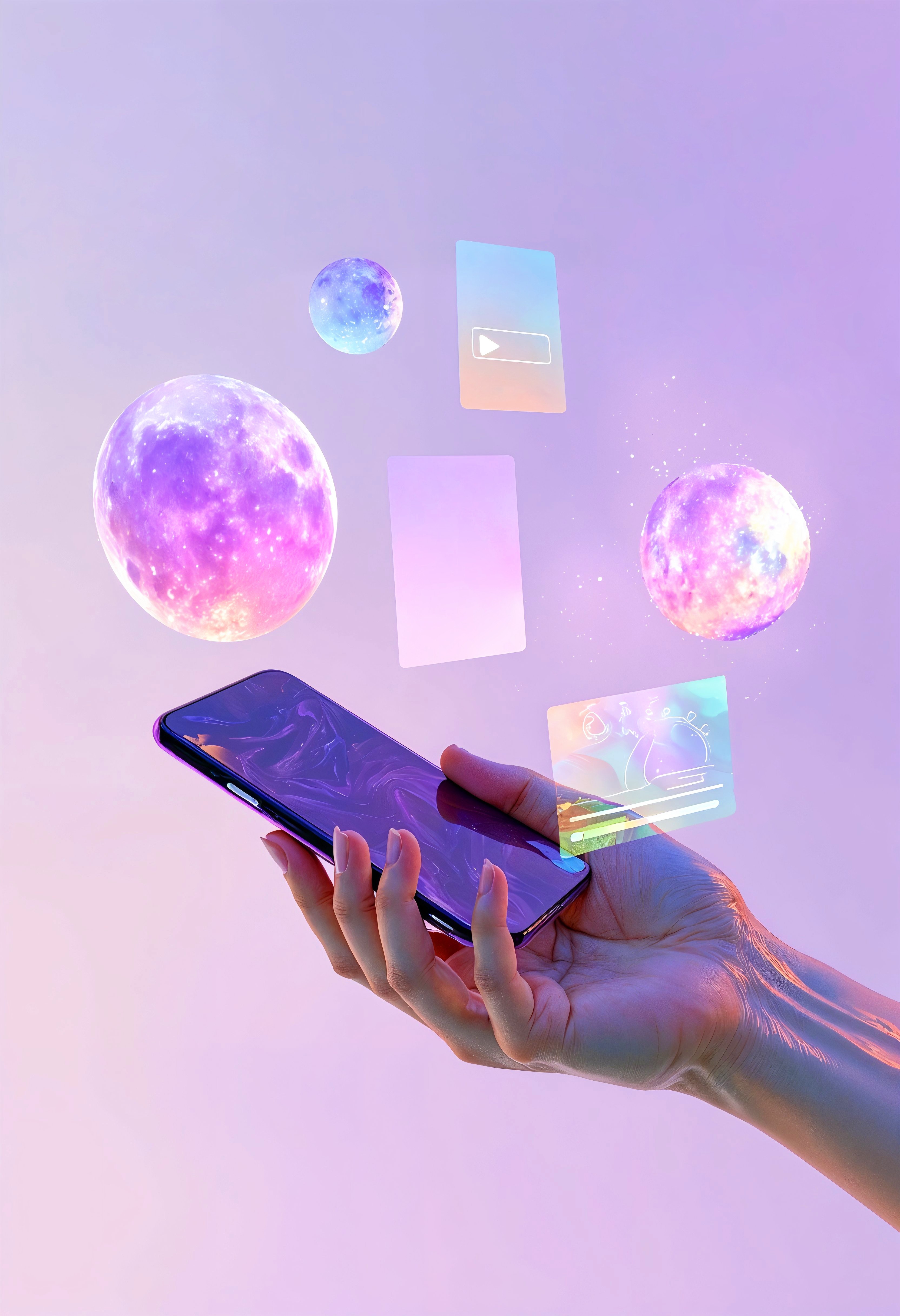 An futuristic close-up of a person's hand holding a smartphone on a light purple background. Two vibrant, pink-toned holographic planets float above the phone. A semitransparent AR/AI interface is projected near the phone, displaying complex line-art doodles and a search bar, symbolizing how advanced AI interprets visual content and trends from social platforms.