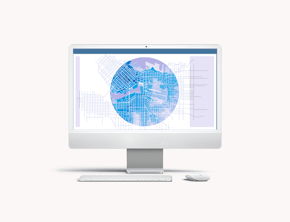 A desktop screen presents the next case study, featuring a vibrant map with abstract data visualizations for a web-based urban simulation platform.