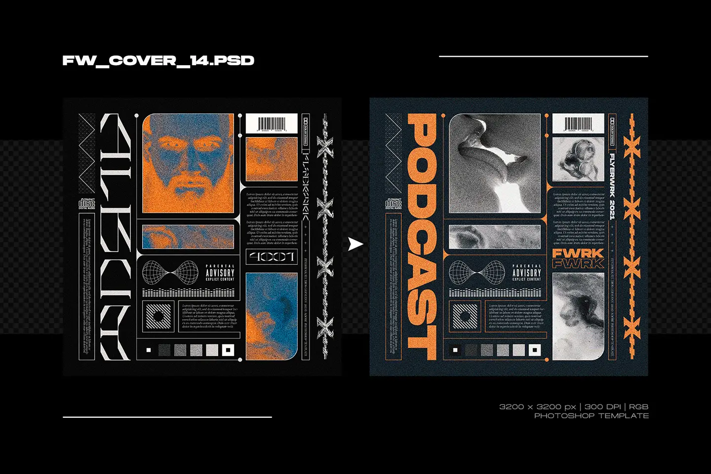 Brutalist album cover design with orange halftone portrait and industrial barbed wire graphic elements