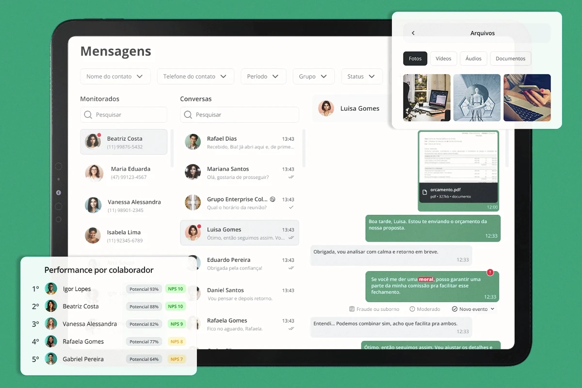 Tablet com a ferramenta de monitoramento e inteligência do WhatsApp profissional