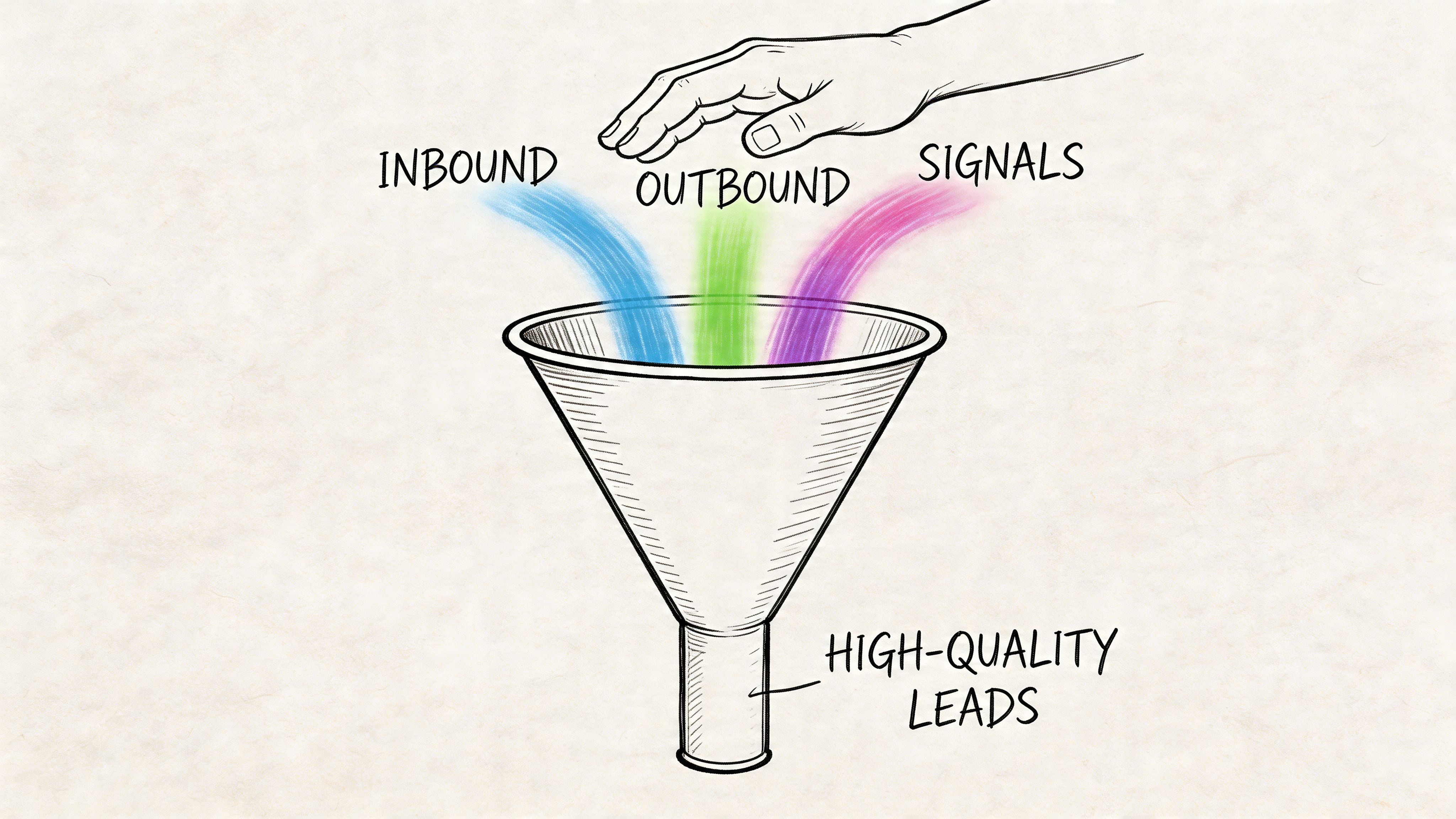 A marketing funnel illustration showing inbound, outbound, and signals flowing into high-quality leads for business growth.