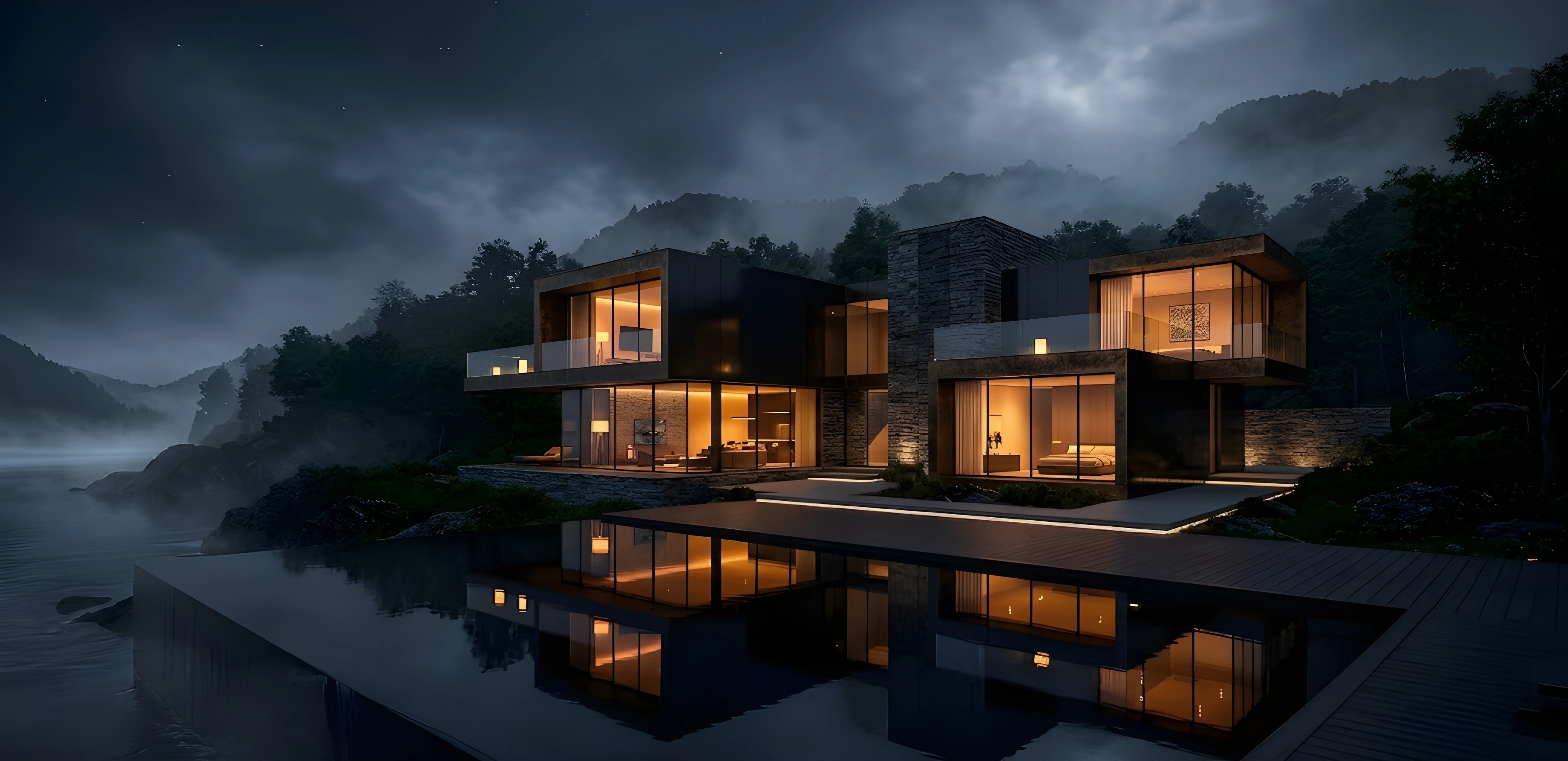 A wide night shot of a large, luxurious multi-story estate illuminated with warm interior lights. The home features expansive glass walls, geometric dark frames, and stone accents, perfectly mirrored in the completely still surface of a large infinity pool in the foreground beneath a dark, cloudy night sky.
