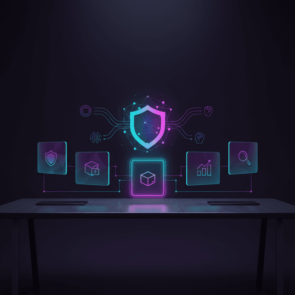 Businessman in a suit points to a digital interface with futuristic holographic elements, glasses, and a dark background.