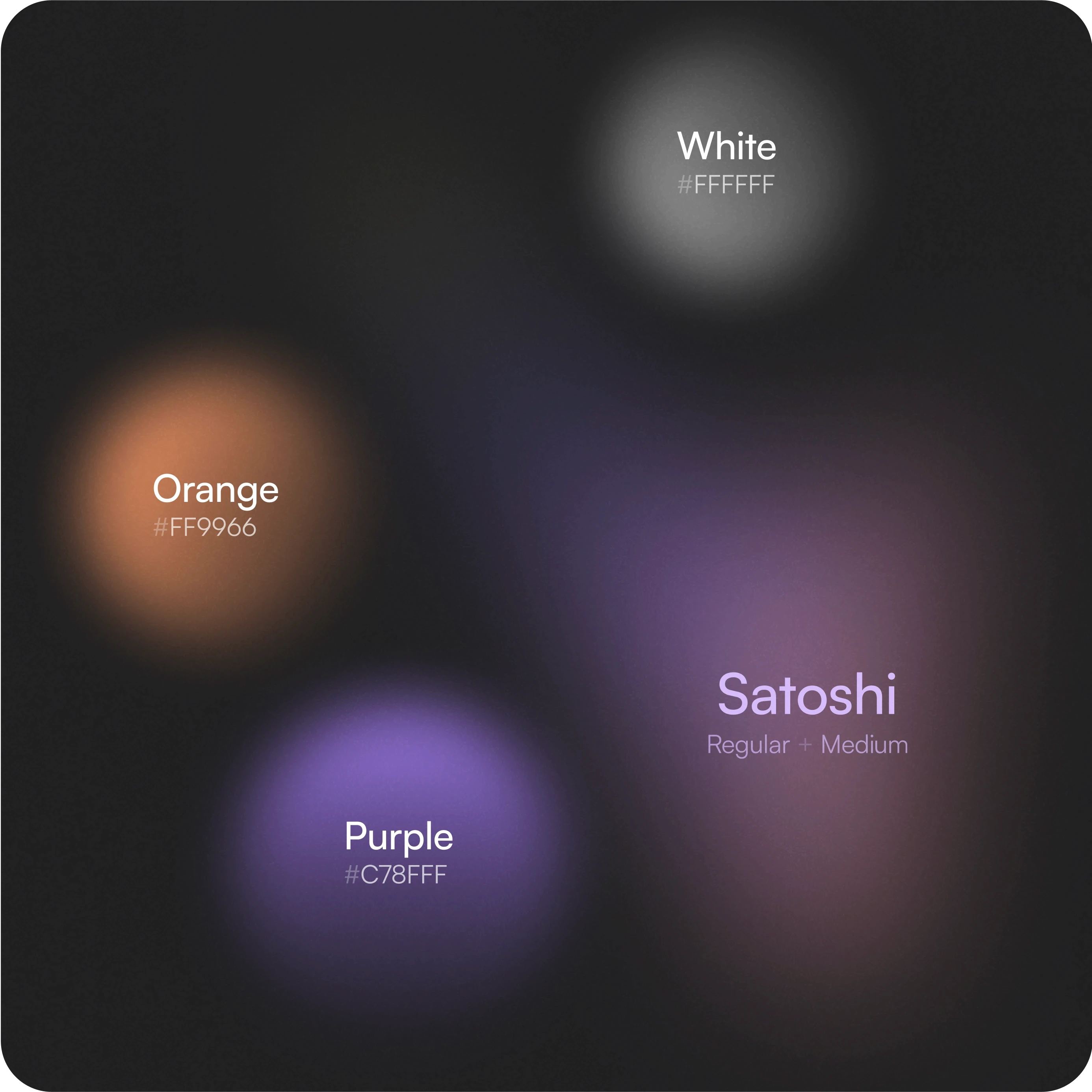 Image displaying a color palette with blurred circular patches in different colors on a dark background. Each patch is labeled with its respective color name and hex code: Orange (#FF9966), White (#FFFFFF), and Purple (#C78FFF). The labels are presented in a clear, easy-to-read font, aligning with each color's position.