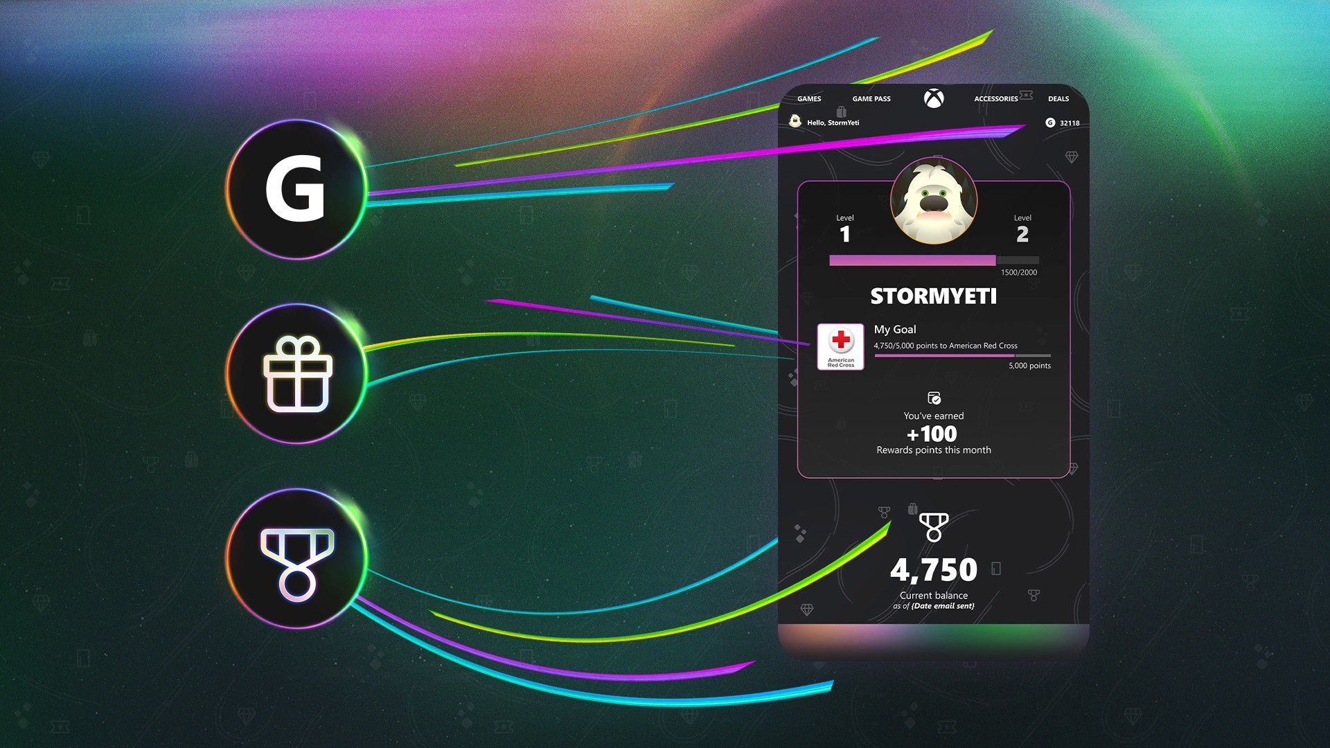 Personalized data within the Rewards Hero Module including Gamerscore, Rewards points, and current progress towards redeeming your Rewards points redemption goal.