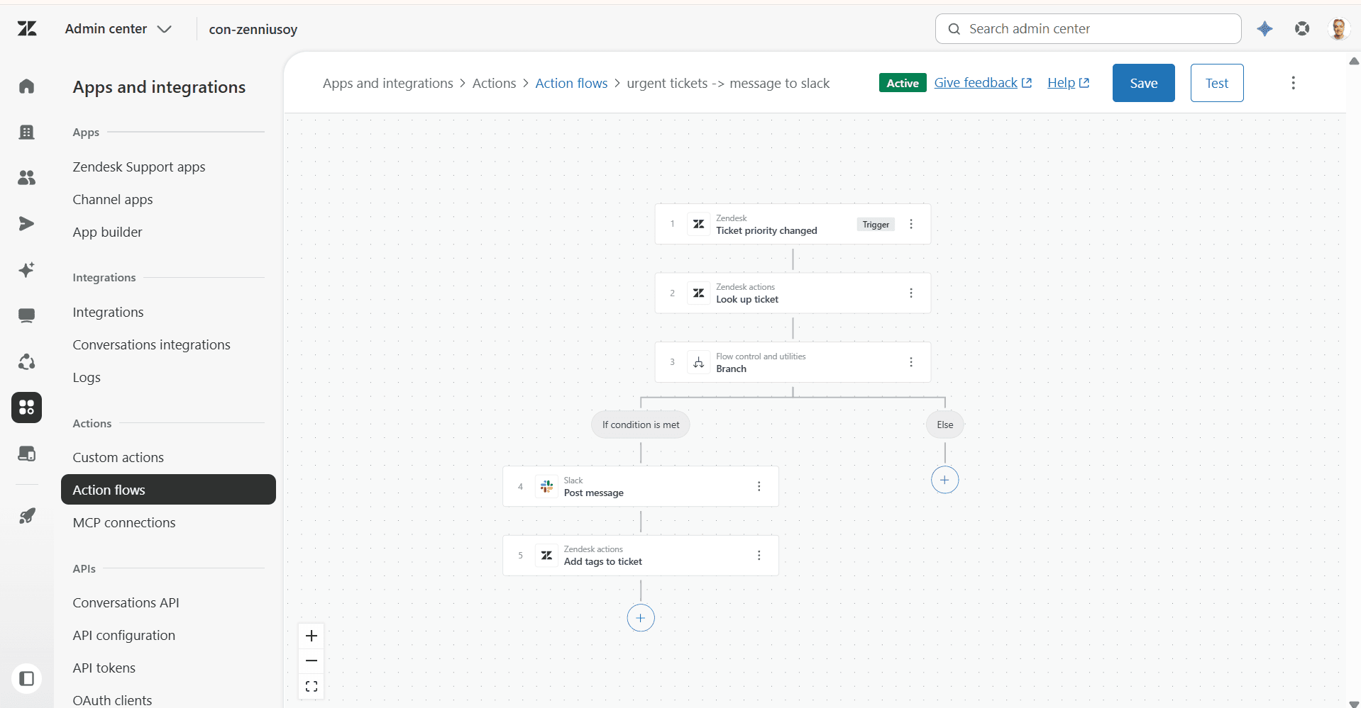 Kuvakaappaus action flow -rakennusnäkymästä Admin Centerissä, jossa tiketin prioriteetin muutos laukaisee Slack-viestin ja tagien lisäyksen haarautuvan logiikan kautta.