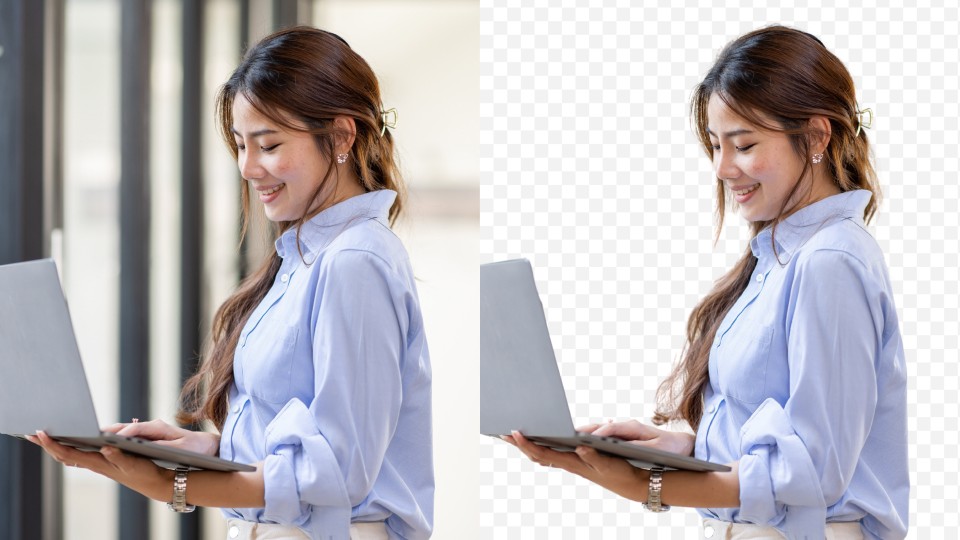 A woman with a computer, comparing before and after using AI for background removal.