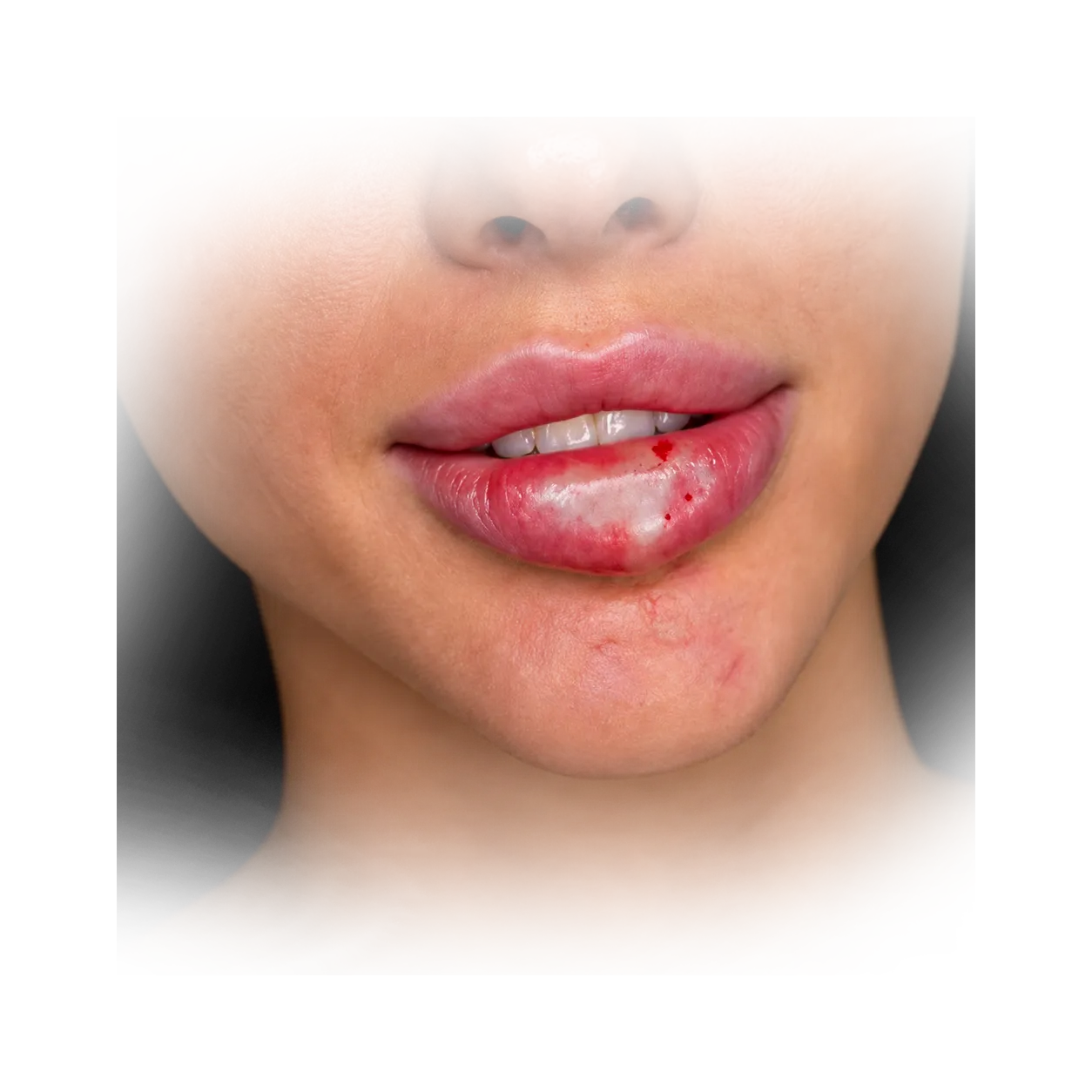 Close-up dramático de um procedimento estético de harmonização facial onde um profissional com luvas pretas aplica uma injeção de preenchedor dérmico na região da bochecha de uma paciente com olhos fechados. Fundo preto focal.