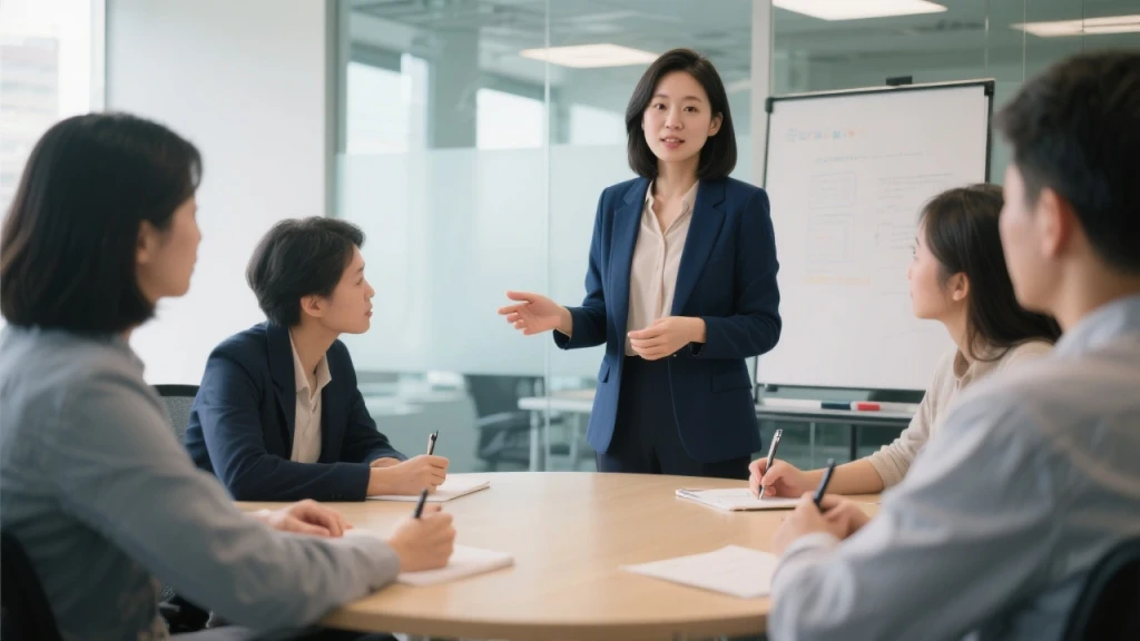 Formatrice asiatique de 30 ans anime une table ronde en salle moderne, les participants prennent des notes sous lumière