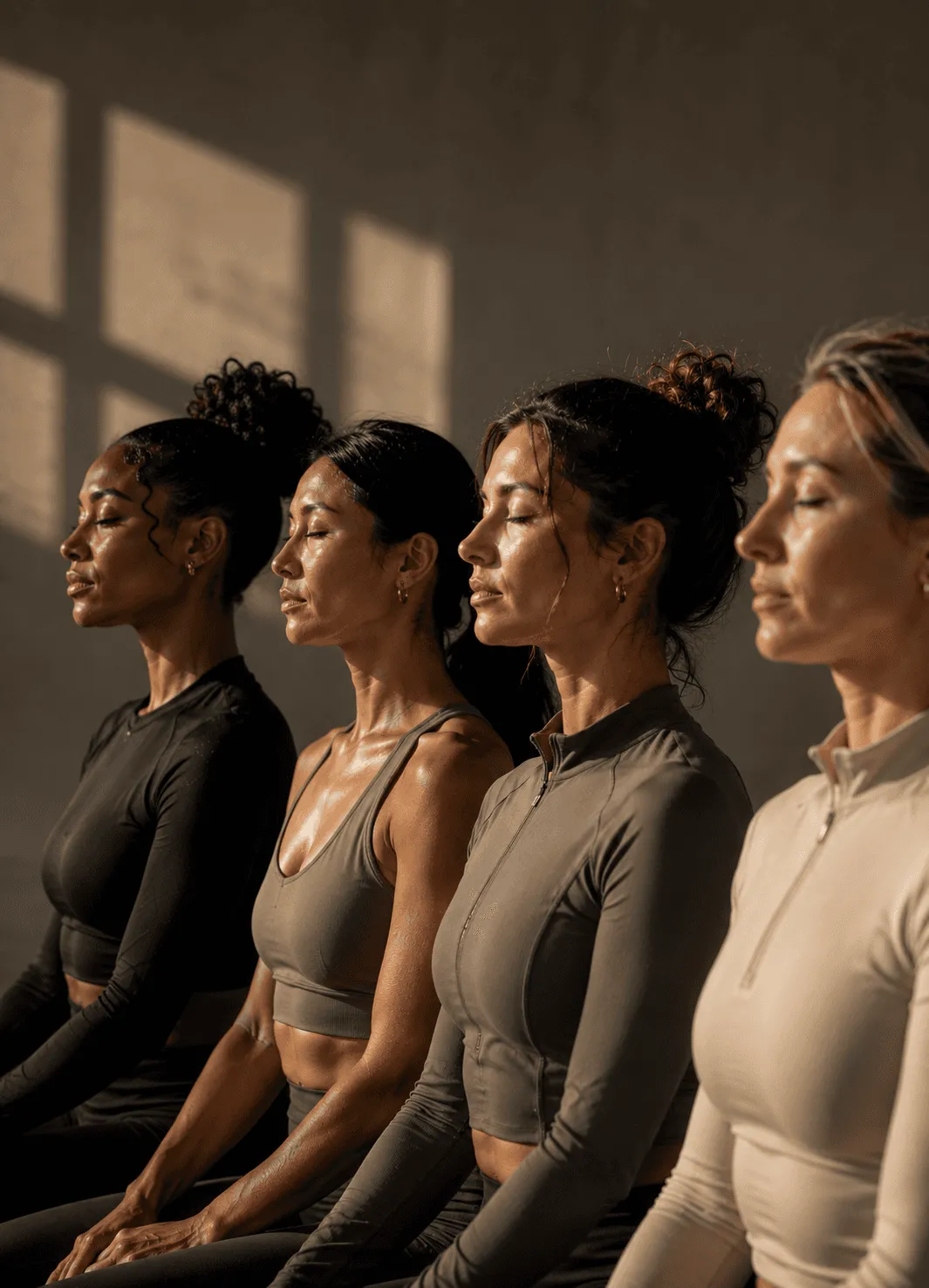 "Diverse group of women in athletic wear standing in profile, looking forward with focus and confidence during their fitness journey