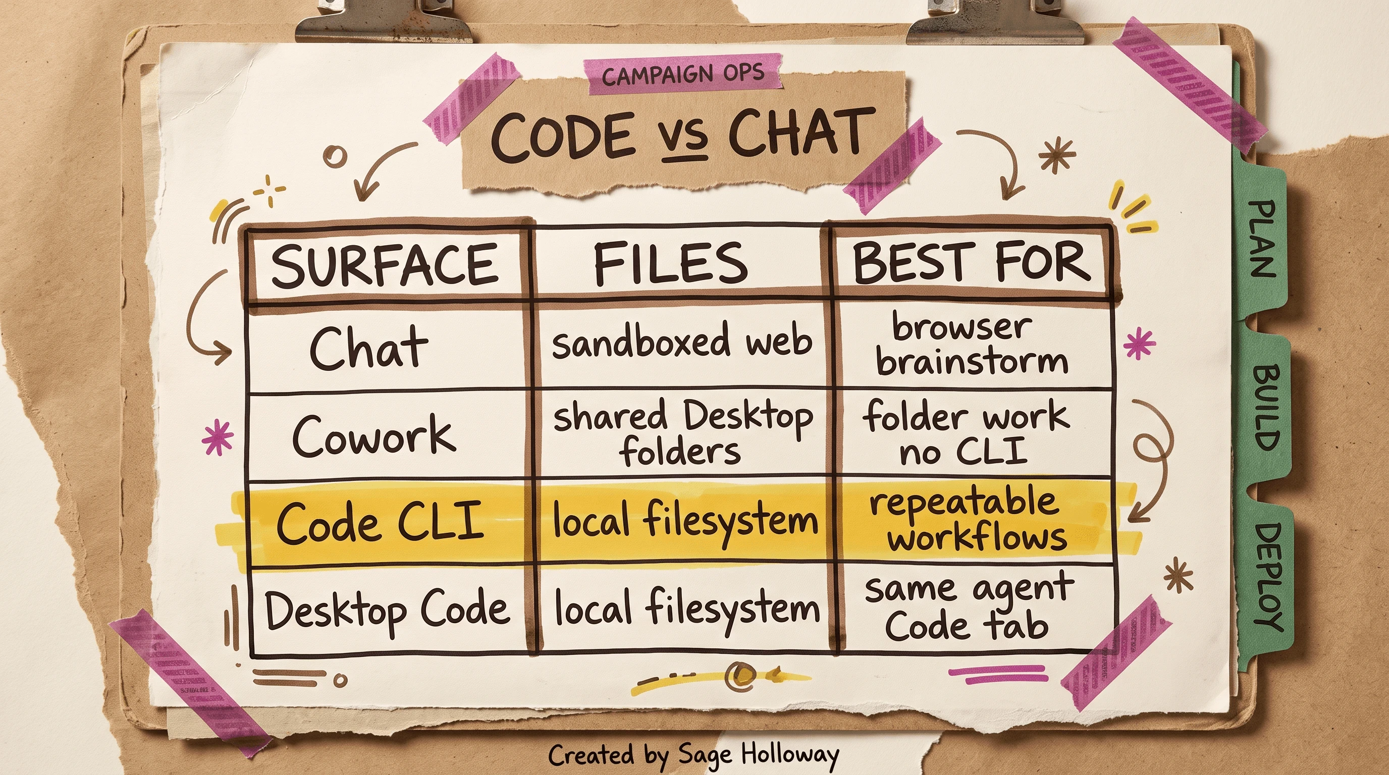 Table comparing Claude Chat, Cowork, Code CLI, and Desktop Code tab for file access
