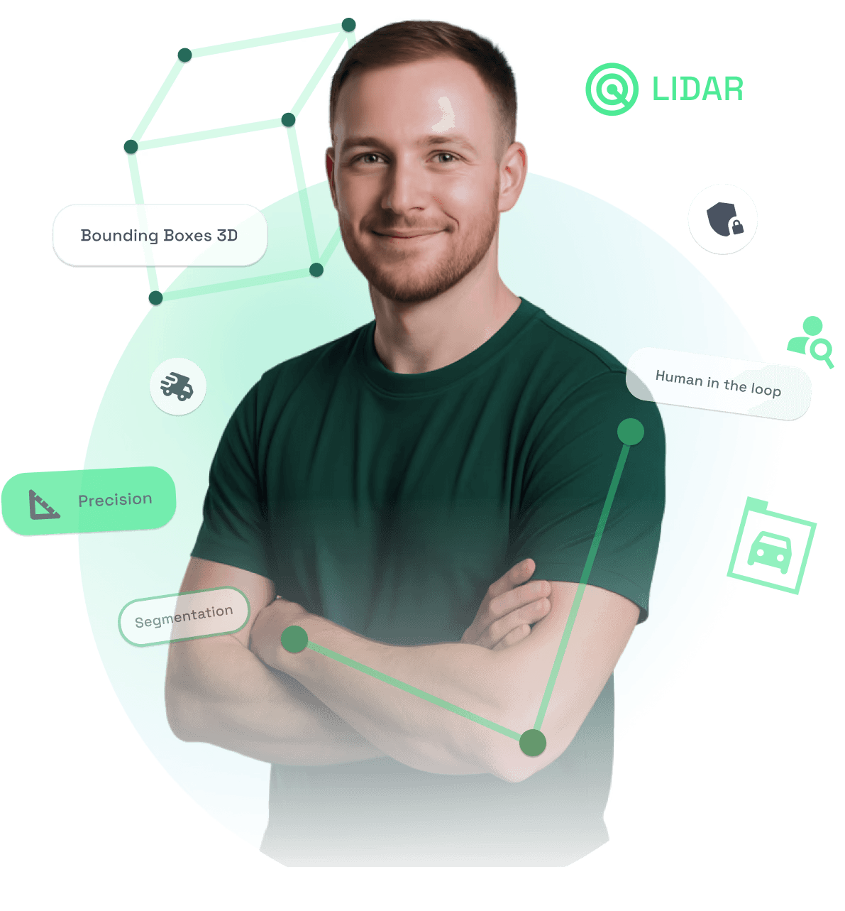 Man in hero section with green sphere and icons representing data labeling