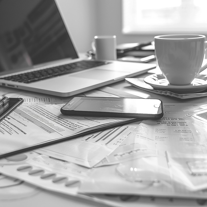 Desk with documents and coffee, symbolizing strategy.