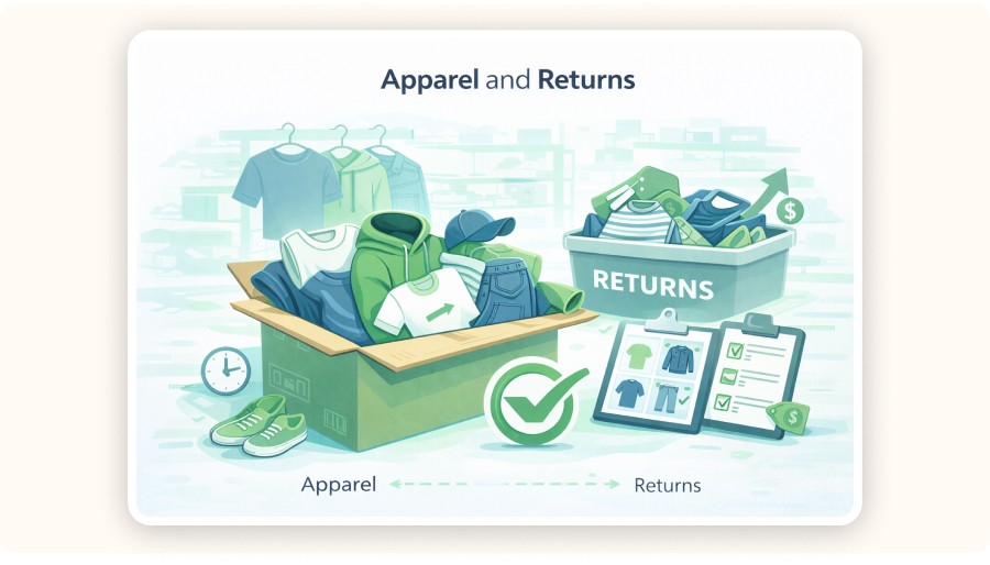 Clothing items with returns box, apparel management and processing illustration