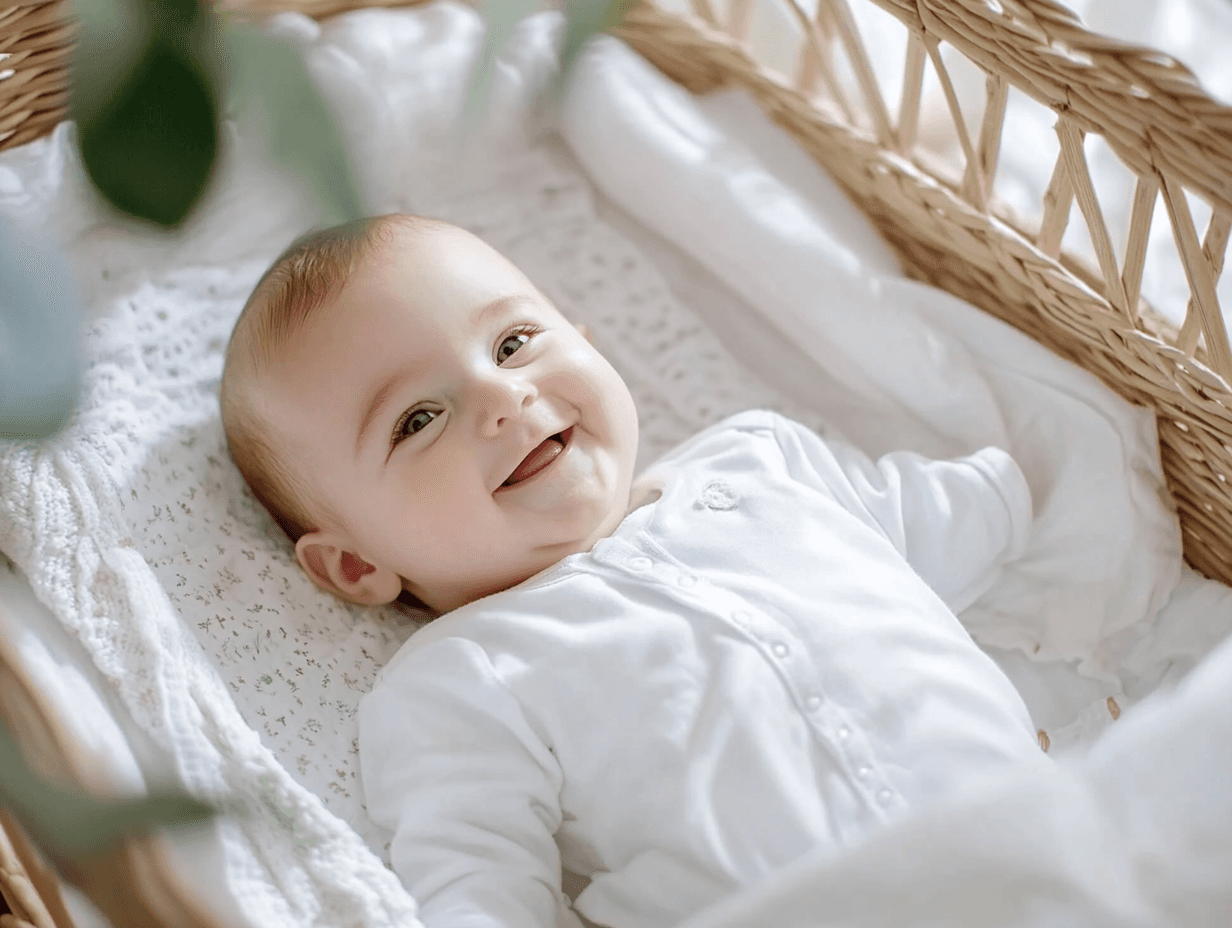 Happy baby sleeping in bassinet