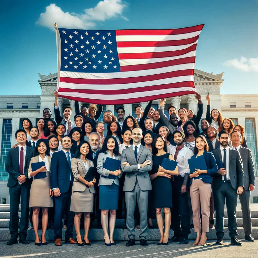 A diverse group of individuals in business casual attire, united in holding up a large American flag in front of a USCIS building, symbolizing their journey to U.S. citizenship under a clear blue sky.