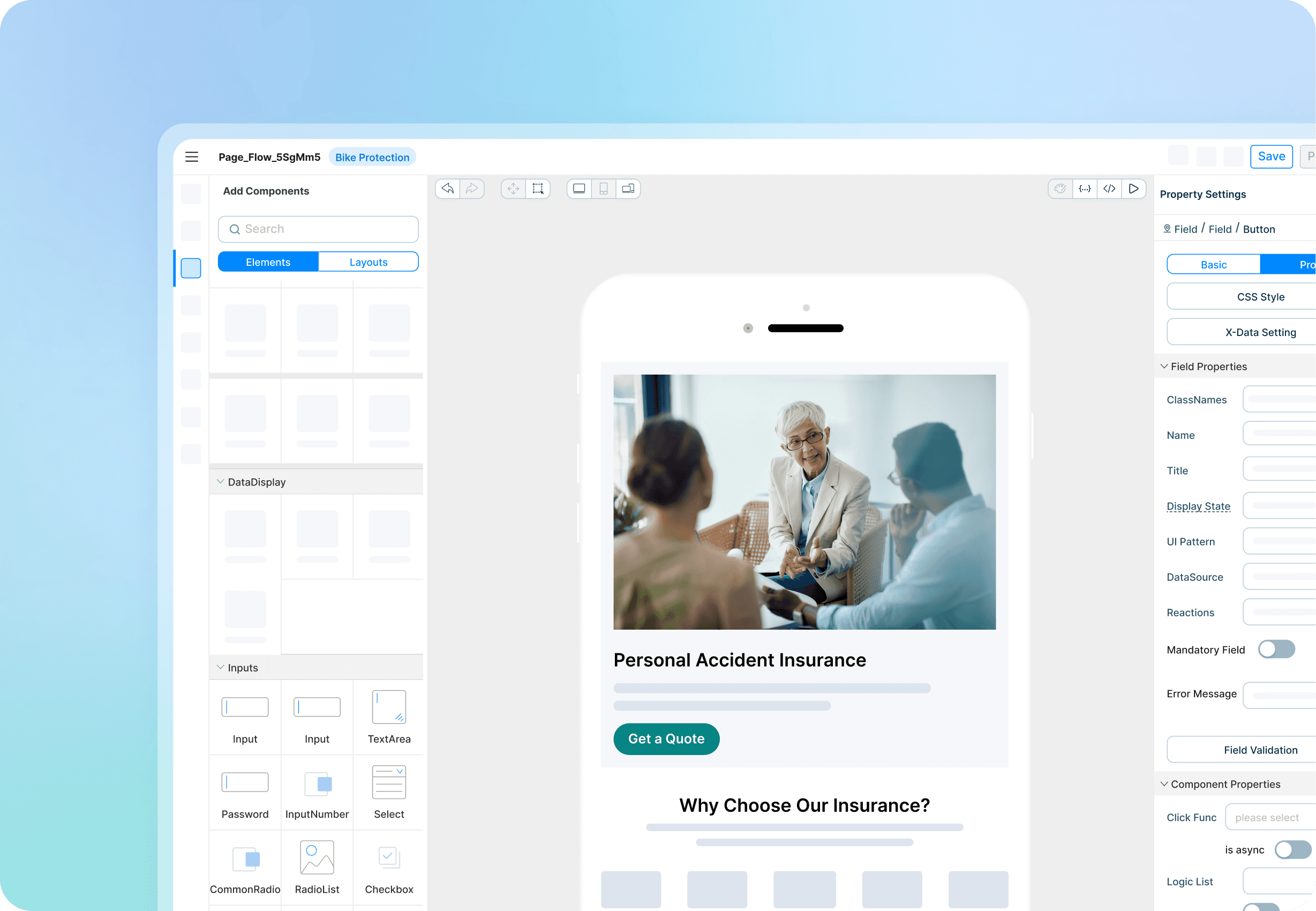 A digital design interface displaying a mobile app layout with three people discussing in a professional setting.
