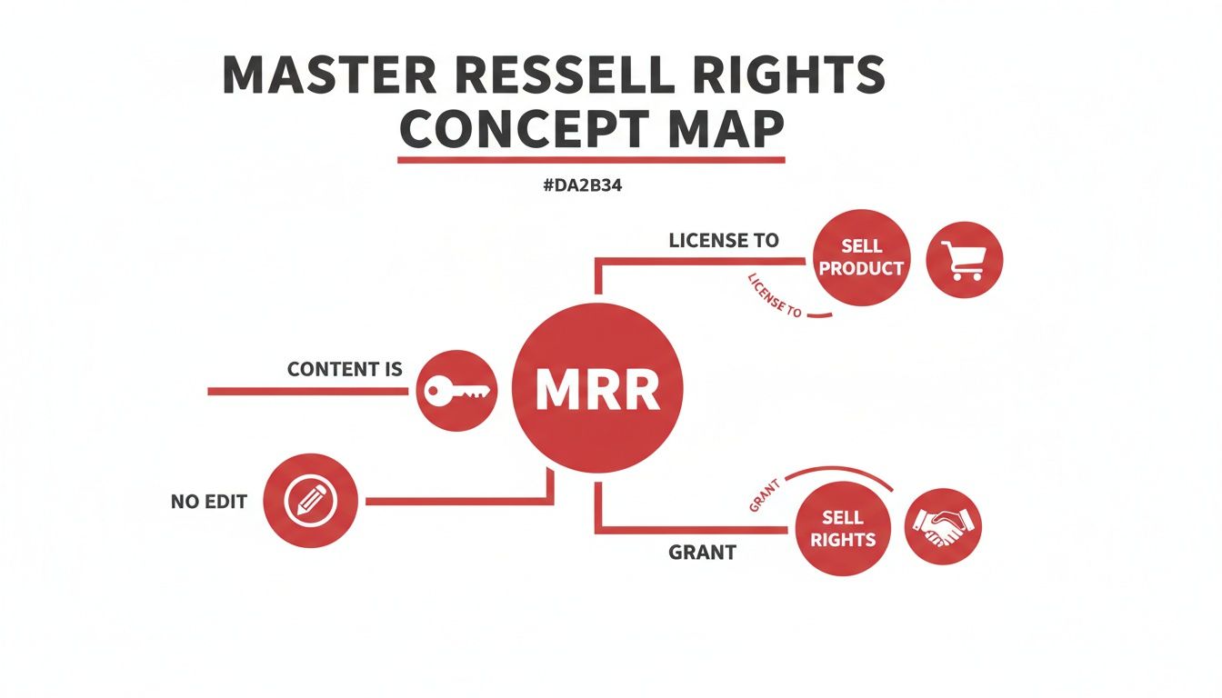 Concept map detailing Master Resell Rights (MRR), showing content characteristics, product selling, and rights granting.