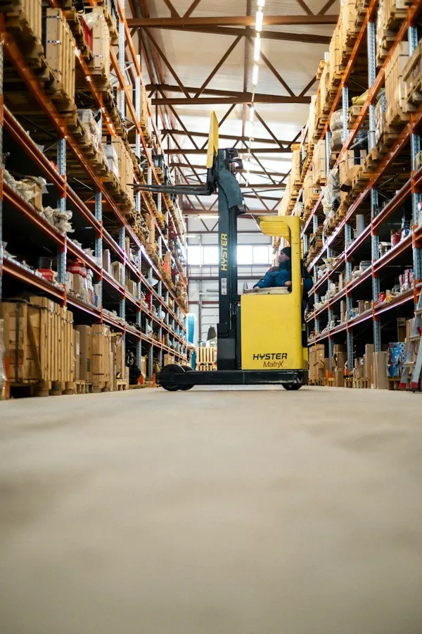 Forklift moving wholesale goods inside a warehouse