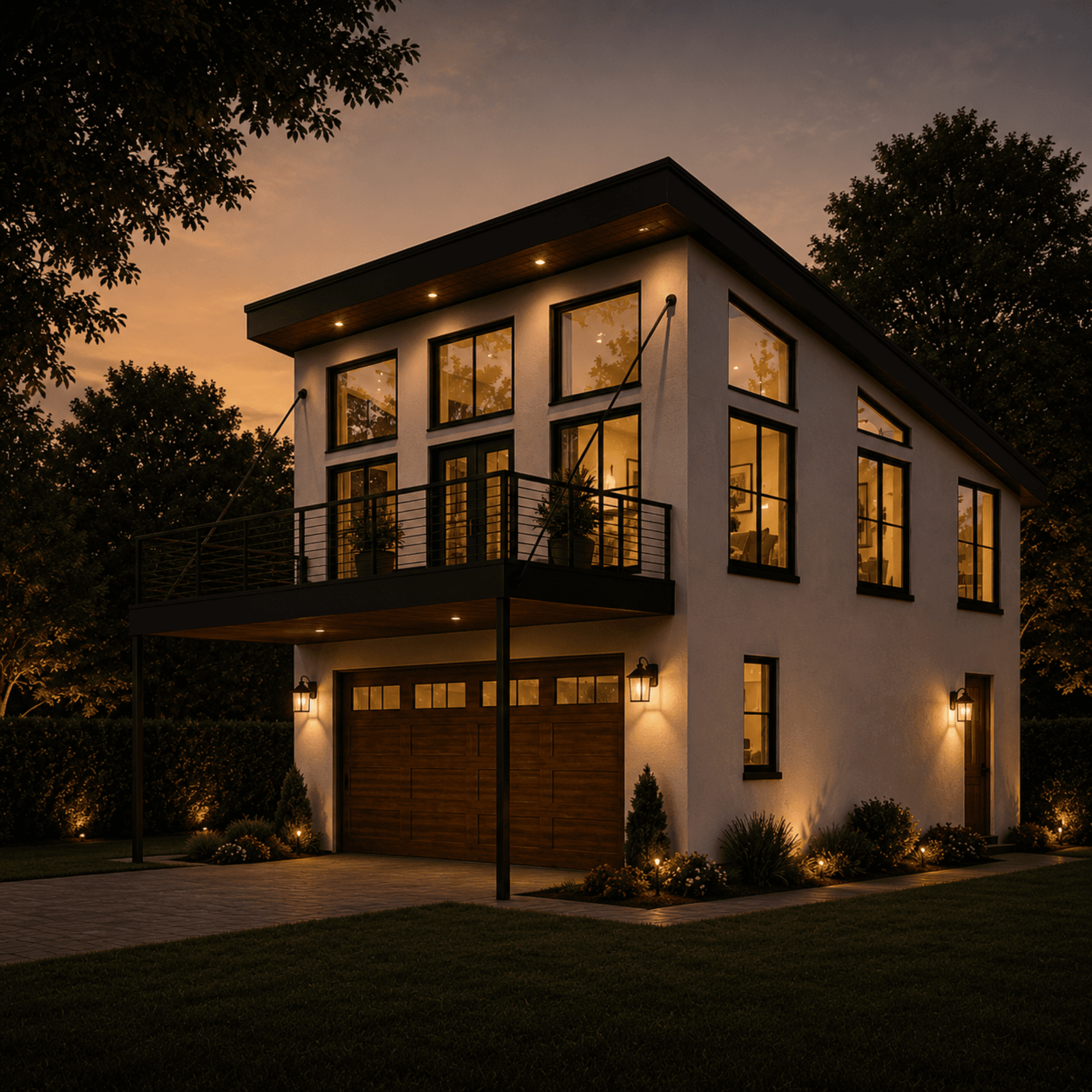 Modern two-storey carriage home with warm exterior lighting, balcony, large windows, and contemporary architectural design by UR-SPACE in Calgary.