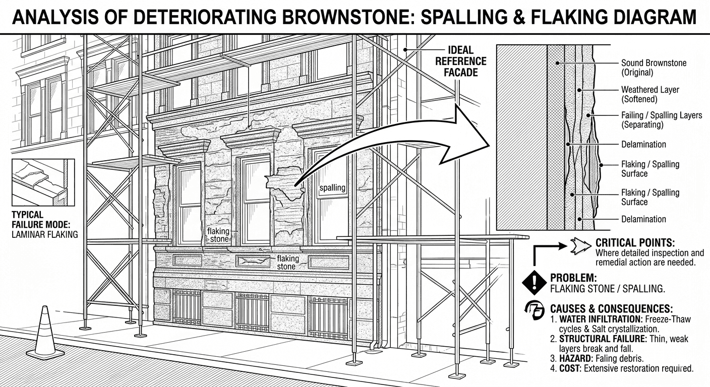 analysis diagram of brownstone spalling & flaking damages on a brownstone facade