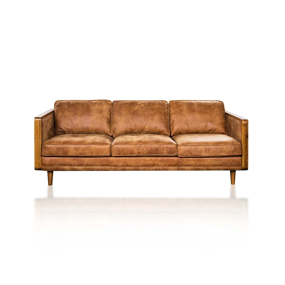 Brown leather Nico sofa with straight arms and tapered legs on a white backdrop