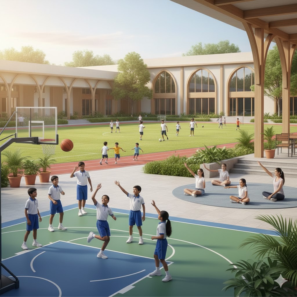 A school building stands against the backdrop of a clear sky