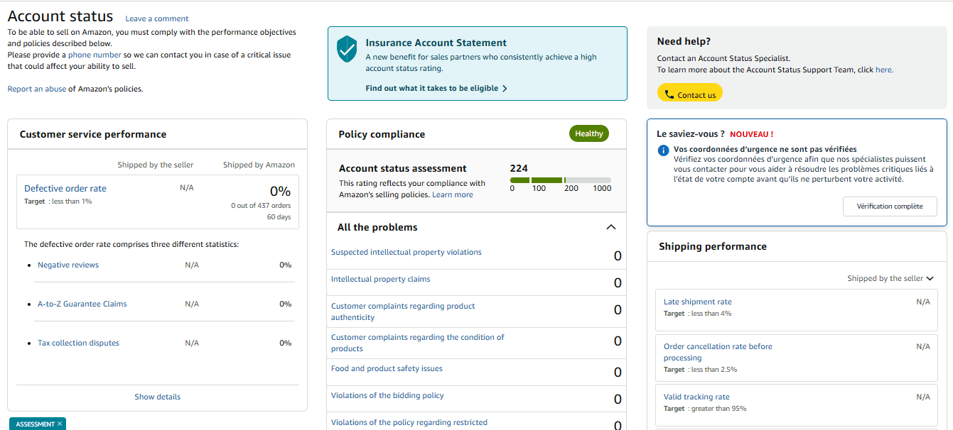 Amazon account health dashboard overview