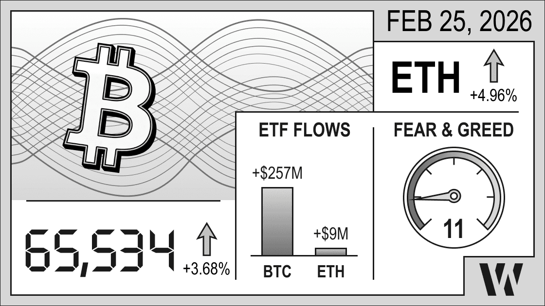Feb 25, 2026 crypto snapshot – Bitcoin at 65,534 (+3.68%), Ethereum up +4.96%; ETF flows positive: BTC +$257M, ETH +$9M; Fear & Greed Index 11.