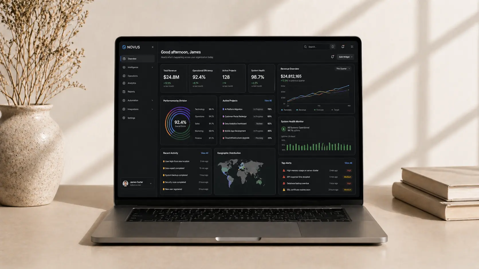 A professional laptop mockup displaying a custom-built enterprise software dashboard with tailored data visualizations and a unique UI.