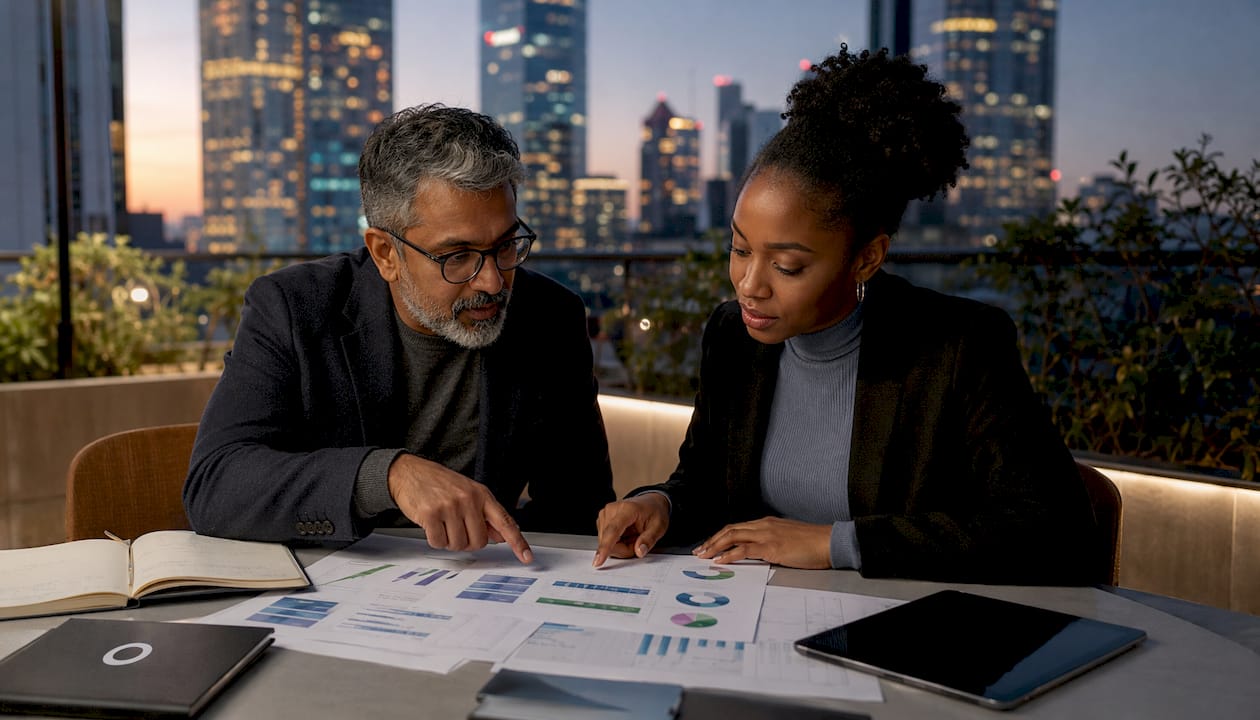 Two professionals reviewing website analytics comparison charts