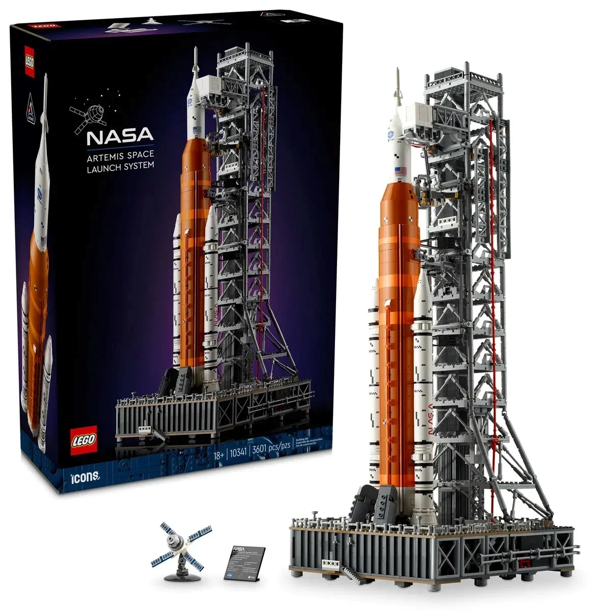 Box and assembled LEGO NASA Artemis Space Launch System set display a detailed orange and grey rocket with intricate structures, against a dark backdrop, highlighting the exquisite engineering and educational value.