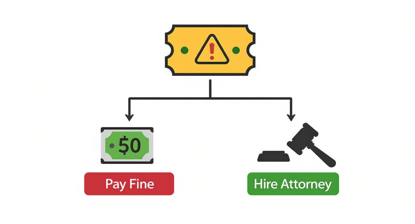 Traffic ticket flowchart showing two options: pay fifty dollar fine or hire attorney for legal representation