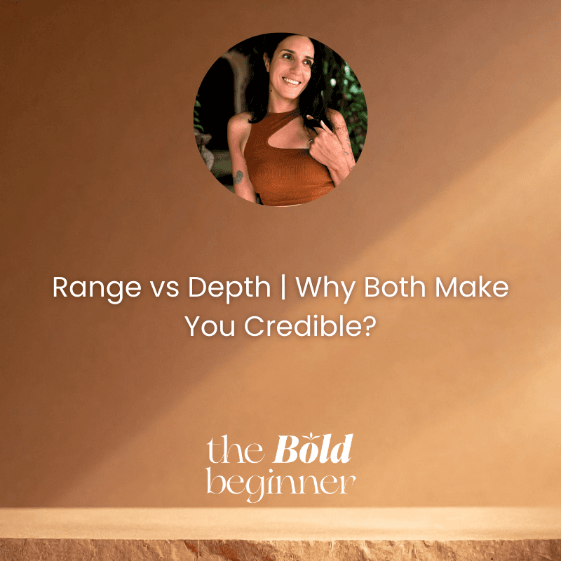 A Podcast episode thumbnail shows a boho minimalistic golden/taupe coloured background with a small circle frame showing the podcast host, a women smiling looking in the distance while playing with her hair, and the title of the episode underneath it