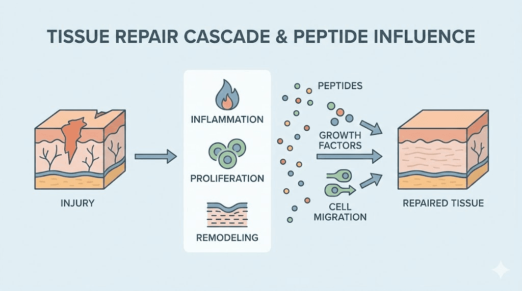 Peptide tissue repair mechanism illustration showing healing cascade