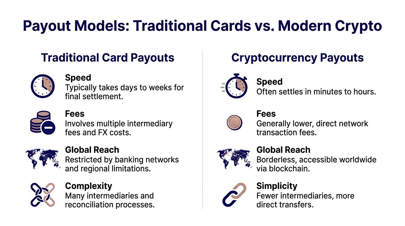 A comparison chart showing the differences between traditional card payouts and modern cryptocurrency payout models.