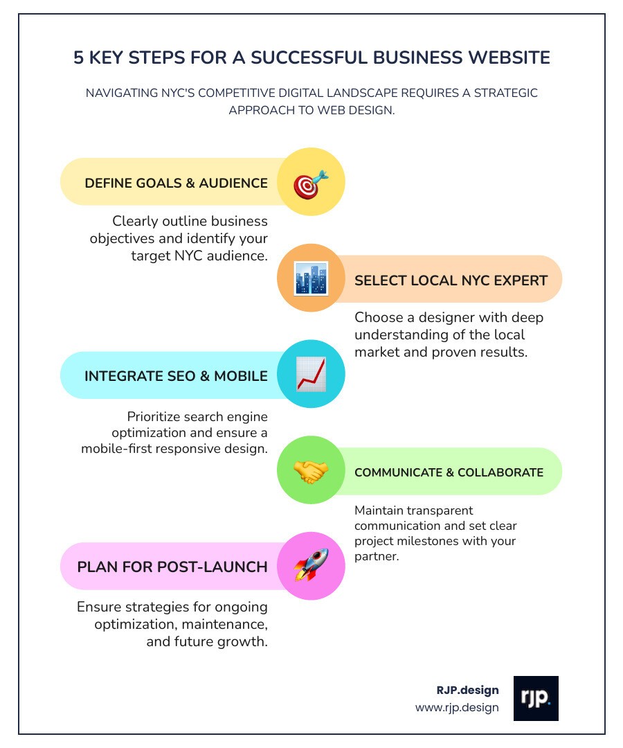 Infographic showing 5 key steps to launching a successful business website: 1. Define clear business goals and target audience 2. Choose a designer with local NYC expertise and proven results 3. Prioritize SEO integration and mobile-first design 4. Establish transparent communication and project milestones 5. Plan for post-launch optimization and ongoing support - website designer nyc infographic infographic-line-5-steps-colors
