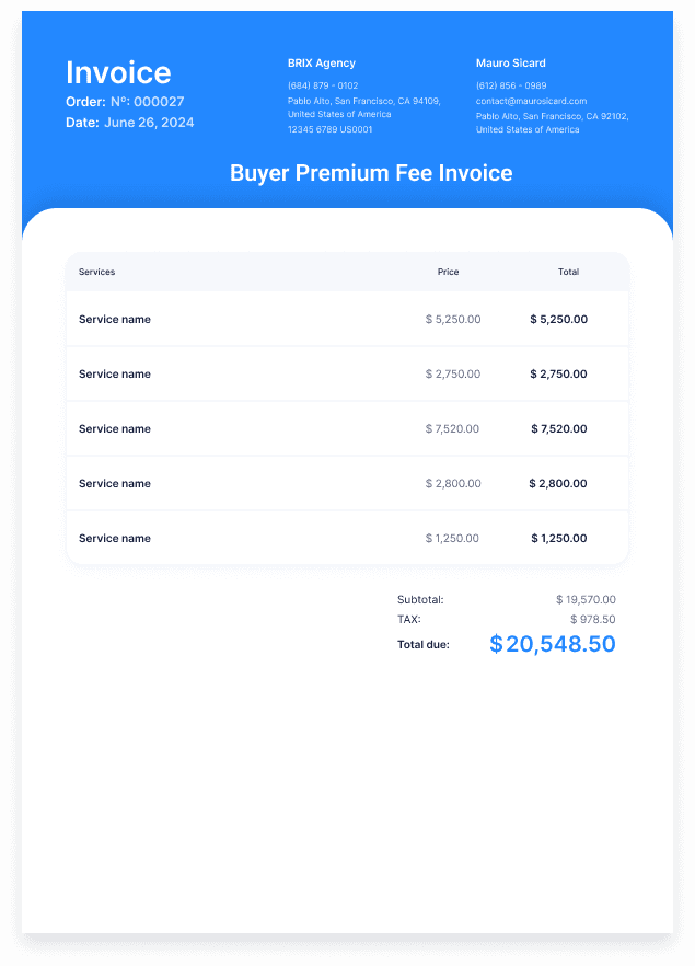 Buyer Premium Fee Invoice