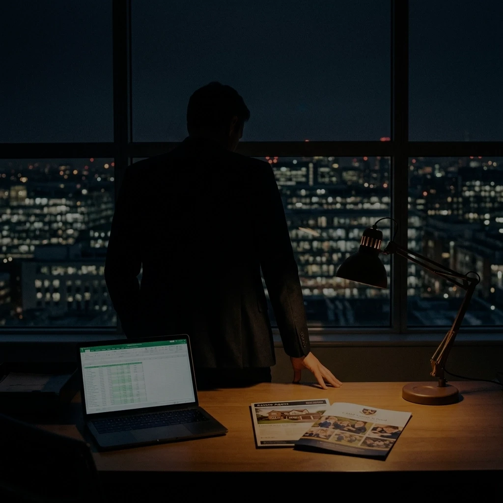 Executive standing at a desk overlooking a city at night, with a laptop, documents, and a desk lamp.
