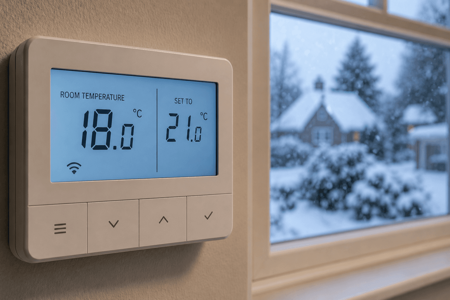 hermostat showing 18°C actual temperature against a target of 21°C in a cold UK home