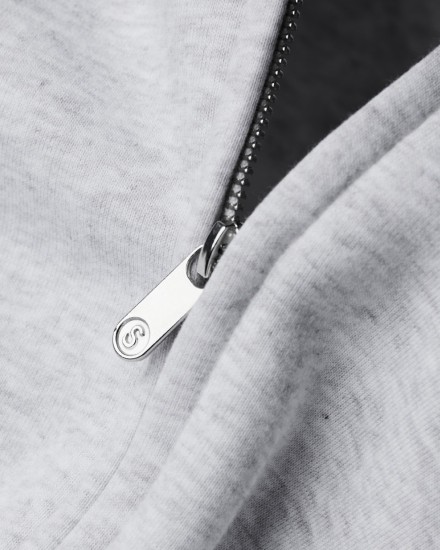 YKK zipper with Sunday Superior custom zip puller on grey hoodie