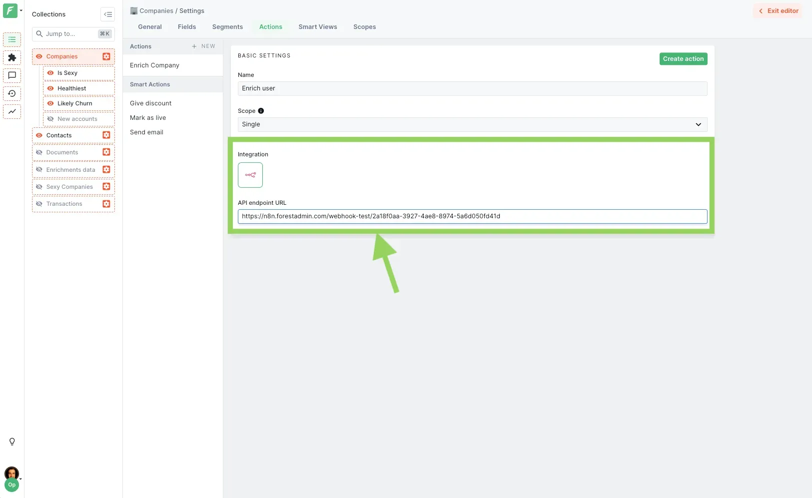 n8n Action creation in Forest Admin Collection settings