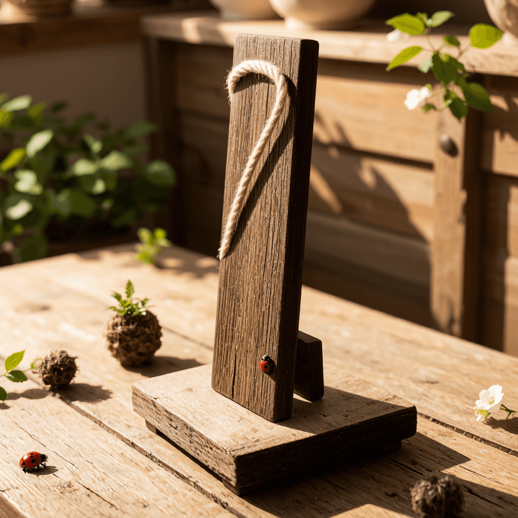 product photography of a wooden display stand with decorative rope and ladybug accents