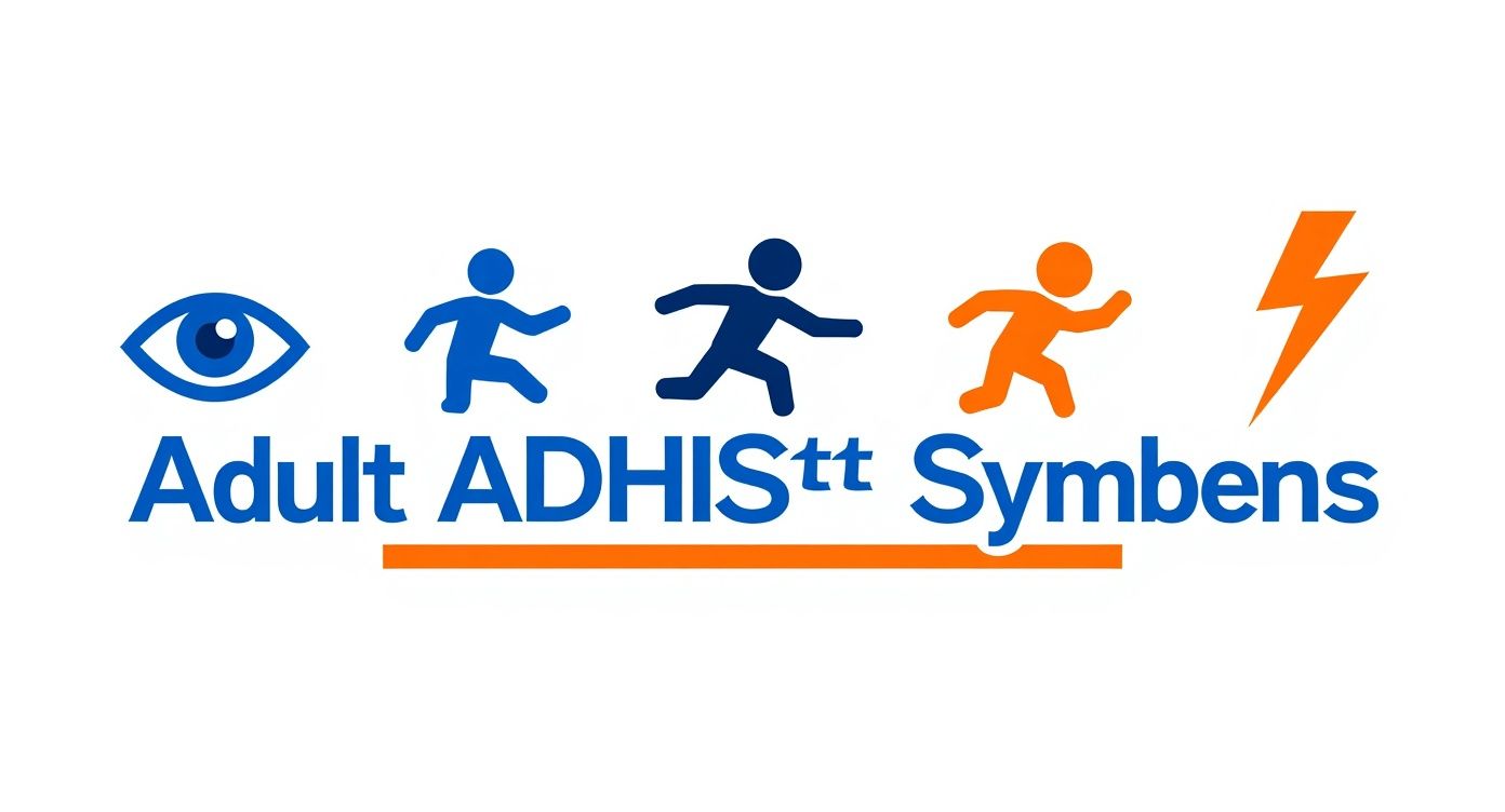 Infographic showing the three core areas of Adult ADHD Symptoms: Inattention, Hyperactivity, and Impulsivity.