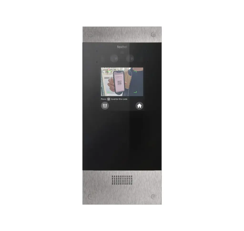 Black smart home device with screen showing time and temp